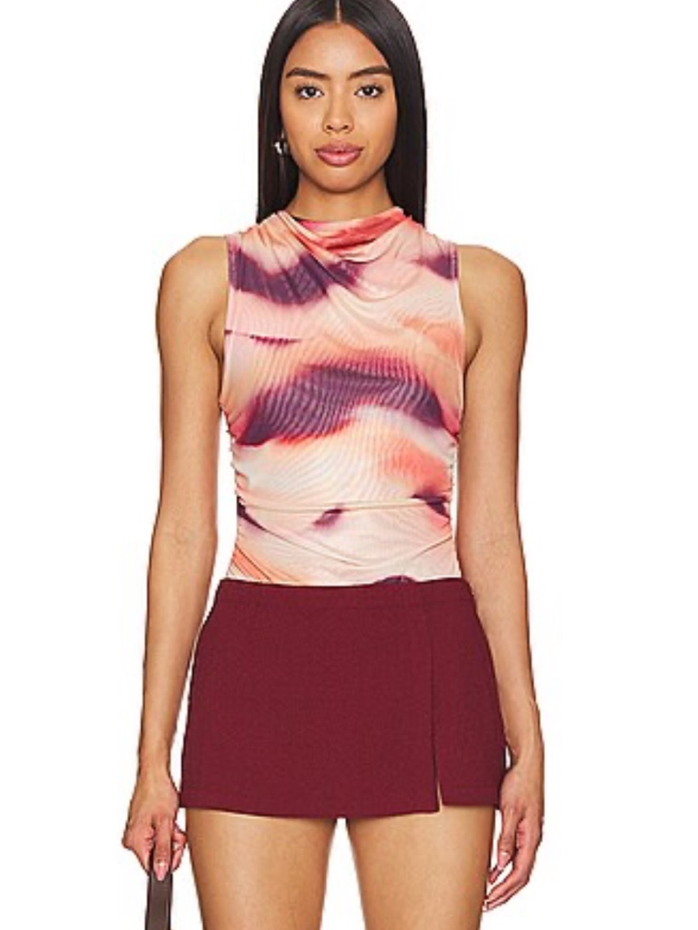 Steve Madden Abstract Mesh Ruched Bodysuit XS Pink Purple Sleeveless Top